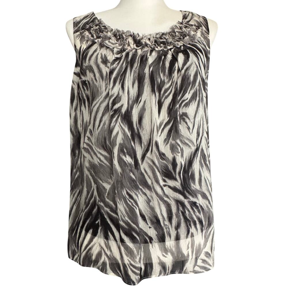 Talbots Silk Sleeveless Scoop Ruffle Neck Loose Flowy Top Black Gray Women 12P
